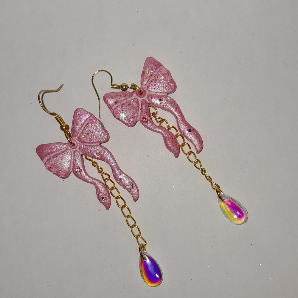 Glittering Pink Bow Earrings with Gold Chain